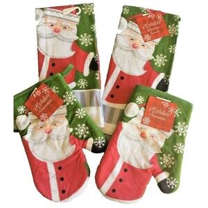 Santa Christmas Set of 4 Dish Towels Oven Mitts Snowflakes Holiday Glitter